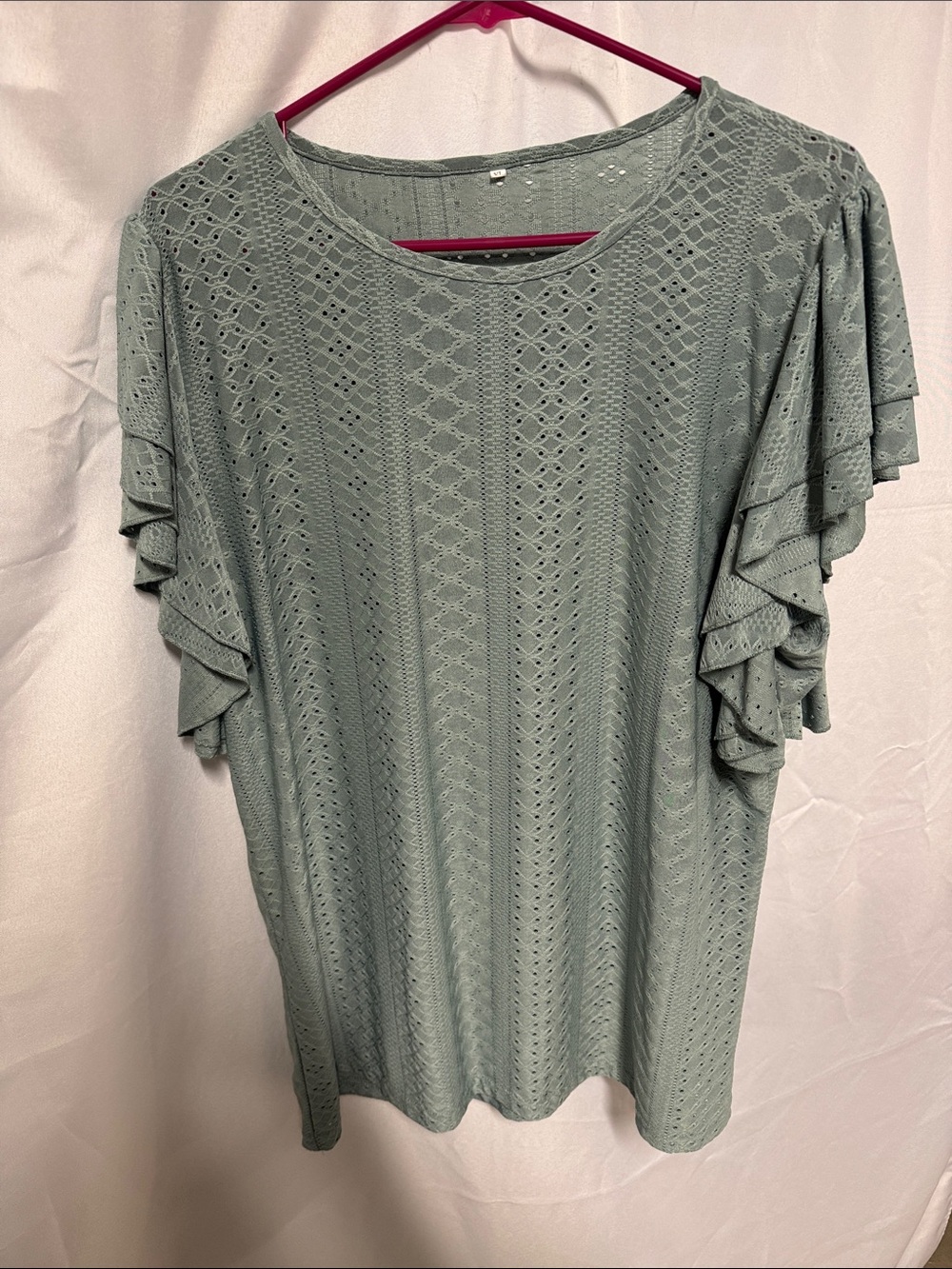 SHEIN Sage Green Eyelet Ruffle Sleeve Knit Top